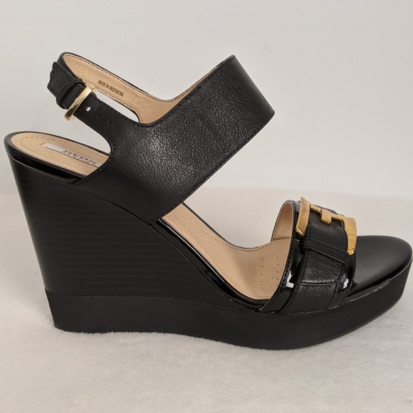 Geox Respira Sandal Leather Patent Buckle Open Toe Black Wedge 9.5 EU39.5 NWT - Picture 8 of 15